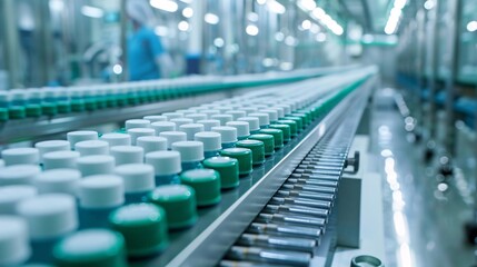 Fototapeta premium Pharmaceutical Production Line with Green Glass Bottles, Industrial Manufacturing Process in a High-Tech Facility
