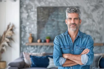 Fototapeta premium Portrait of a satisfied man in his 40s with arms crossed while standing against modern minimalist interior