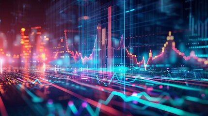 Abstract financial chart with glowing neon lights. Visualization of financial data and stock market analysis in a digital context.