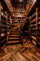 Fototapeta premium Elegant wooden library with spiral staircase, filled with books, offering a cozy and sophisticated reading environment.
