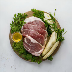 Fototapeta premium Raw meat on a plate with green coriander and raddish white background