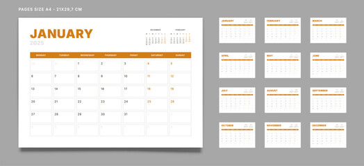 Set of 12 Pages Monthly Calendar Planner Templates on 2025 year. Vector mockup of a wall or desktop calendar with the week start on Monday for print. Pages size A4 -21x29.7cm