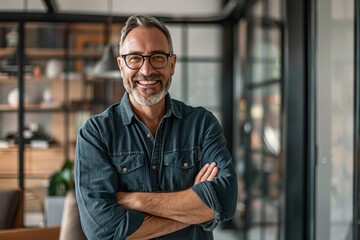 Portrait of a joyful man in his 40s with arms crossed while standing against modern minimalist interior