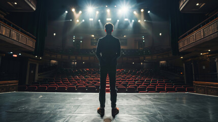 Obraz premium A man practicing speech in empty auditorium, preparing to Inspire and lead