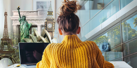 study abroad background, global education banner,  learn foreign language online concept, exchange student school collage university e- learning program