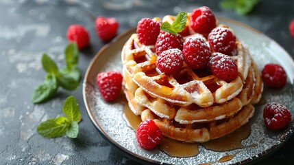 Belgian waffles with strawberries, blueberries and syrup, homemade healthy breakfast