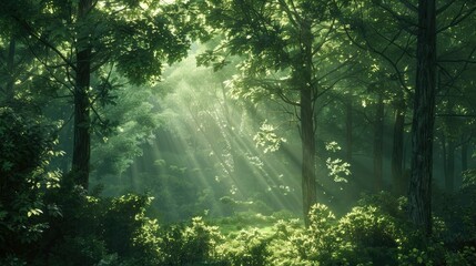 Obraz premium Peaceful forest scene with sun rays peeking through dense foliage, creating a serene ambiance