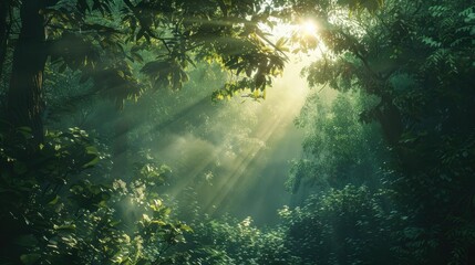 Obraz premium Peaceful forest scene with sun rays peeking through dense foliage, creating a serene ambiance