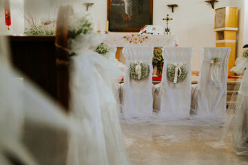 A beautifully adorned church interior, showcasing elegant decorations and a serene ambiance.