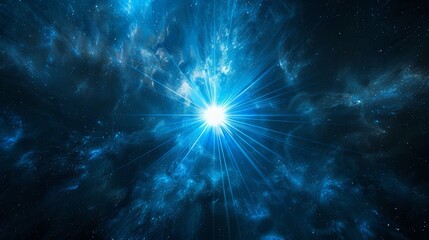 Black Background with Dynamic blue Celestial Explosion set Glowing blueish Sunburst Digital Lens Flare Color-Adjusted Light Rays wide shot