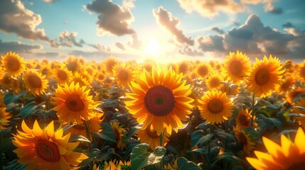 Sunflowers Blooming at Sunset in a Summer Field