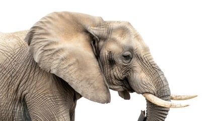 Fototapeta premium Side view of a majestic elephant isolated on a white background, showcasing its large ears and trunk
