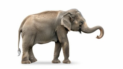 Fototapeta premium Side view of an elephant with its trunk extended, isolated on a white background