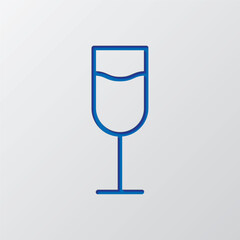 Glass of champagne simple icon vector. Flat design. Paper cut design. Cutted blue symbol with shadow. Gray background