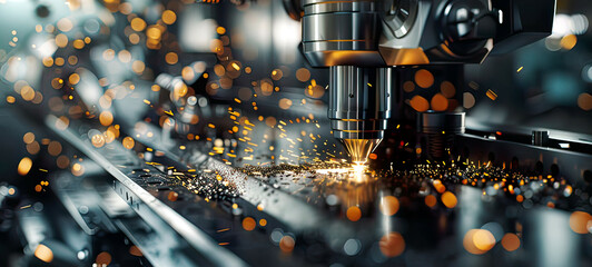 Photorealistic image of a CNC milling machine in a metalworking process detailed view of the milling operation bright sparks and metal shavings  