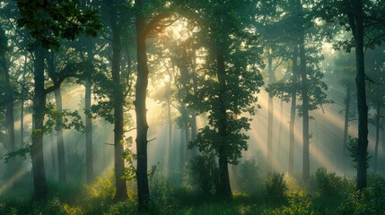 Fototapeta premium Tranquil moment of sunlight filtering through foggy forest trees, evoking a sense of calm and tranquility