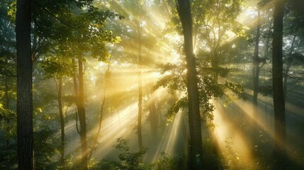 Obraz premium Tranquil moment of sunlight filtering through foggy forest trees, evoking a sense of calm and tranquility