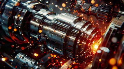 Photorealistic image of a milling cutter at work inmetalworking detailed view of the cutting process bright sparks sharp and lighting modern machinery