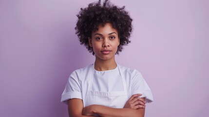 Portrait of a Professional Female Hairdresser with Arms Crossed on Purple Background with copy space for text