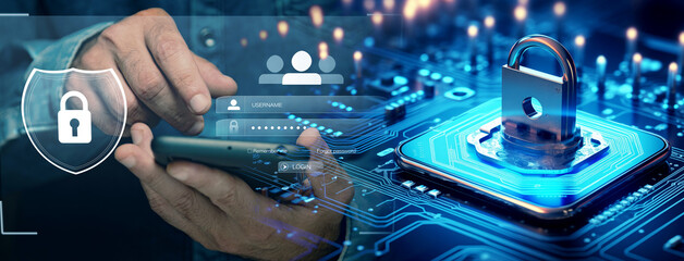 tecnología de protección de datos de alta tecnología para compras en línea.
Concepto de ciberseguridad con un candado digital y una huella dactilar sobre un fondo de placa de circuito.