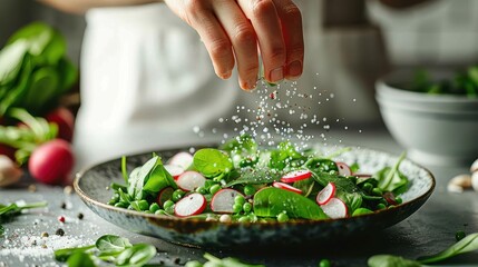 A chef's hand sprinkling salt on a fresh green salad with radishes, detailed image with a dynamic feel