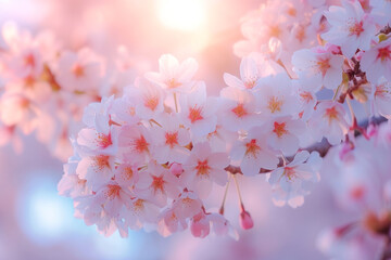 The image shows a close-up of a branch of cherry blossoms.