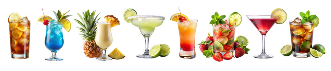 A set of popular summer alcoholic cocktails, mocktails and drinks. Isolated on white transparent background, png elements collection