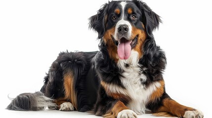 A Bernese Mountain Dog lying down and gazing upwards, with a glossy tri-color coat and a serene expression