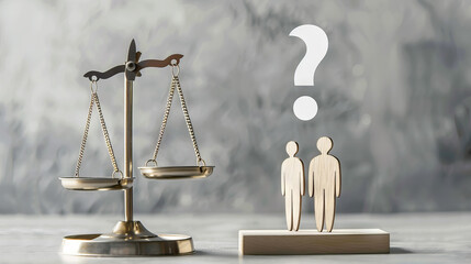 a scale of justice and two wooden figures of people with a question mark above on grey background