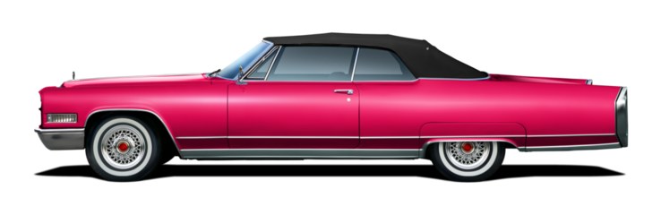 Large dark pink vintage American convertible. Side view with black soft top. On a transparent background in png format.