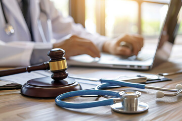 Closeup of judge gavel and stethoscope on desk ,doctor in background working on laptop, health law and Medical negligence concept