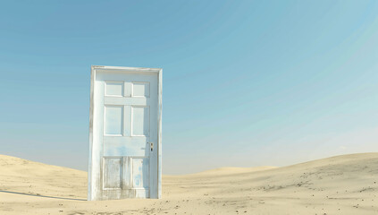  A white door stadning in the middle of a desert