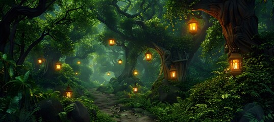 Fototapeta premium Fantasy forest with giant trees, winding paths and lanterns, green foliage