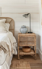 A rattan bedside table in the corner of the bedroom, in the style of interior design photography, with a white shiplap wall behind it, looking cozy and inviting, with a modern farmhouse aesthetic.