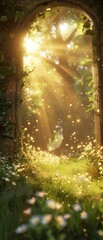 Obraz premium Sun rays illuminating a meadow with flowers and green grass, featuring a mythic magical gate, in a warm light fantasy concept, minimalist