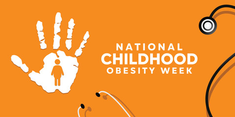 National Childhood Obesity Week. Hand, people icon and stethoscope. Suitable for cards, banners, posters, social media and more. Orange background.