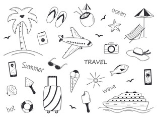 Set of summer travel doodle style icons. Vector illustration of the elements of tourism and beach holidays.