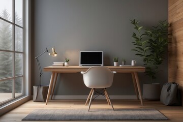 Fototapeta premium Interior home office of workplace with workspace desk and desktop computer monitor on gray wall