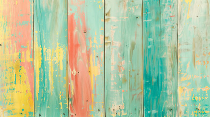 Obraz premium Rustic Textured Wall with Tropical Paradise Color Washing Technique. Aged effect. Palette of turquoise, pink, yellow, green, and blue, with subtle variations in hue and tonality. High-resolution.