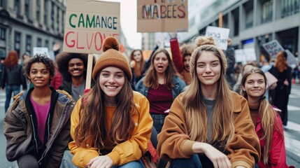 Diverse young individuals actively participate in a protest on urban streets, holding up handmade signs and conveying solidarity