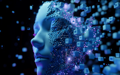 Obraz premium Futuristic head dissolving into cube particles
