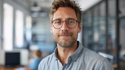 Obraz premium Mature businessman with greying hair and glasses in a stylish modern office space