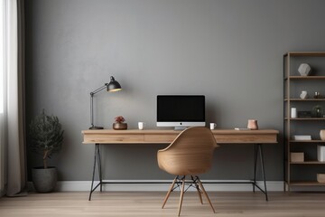 Interior home office of workplace with workspace desk and desktop computer monitor on gray wall