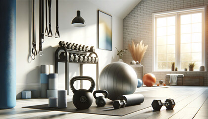 a gym room with a variety of exercise equipment