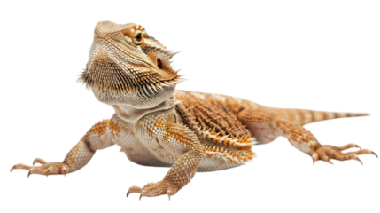 A close-up of a bearded dragon lizard looking upward,cutout on transparent backgrounds.