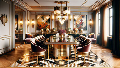 a dining room with a table, chairs and a chandelier