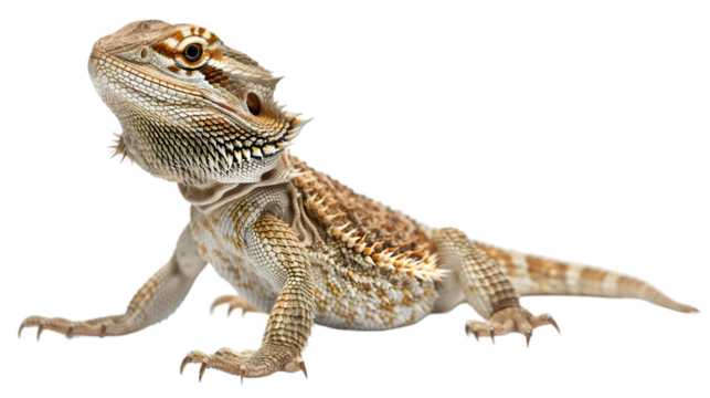 A close-up of a bearded dragon lizard looking upward,cutout on transparent backgrounds.