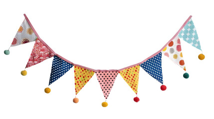 Obraz premium A string of colorful pennant flags with various patterns and pom-poms,cutout on transparent backgrounds.