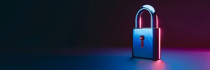 Cybersecurity, a minimalistic 3D padlock icon on a neon blue background, representing data protection and security