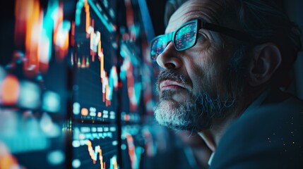 A thoughtful elderly man analyzes stock market data on multiple computer screens in a dimly lit office setting.